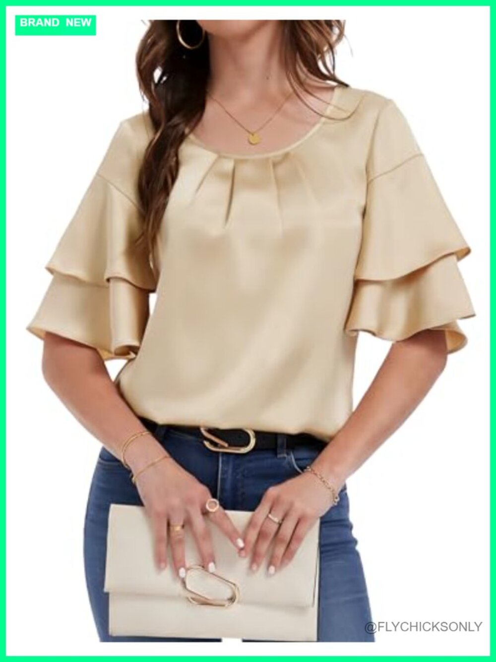 Satin Silk Crewneck Blouse Short Sleeve Loose Fit Party Top